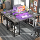 armocity Computer Desk with LED Lights, 55 Inch Desk with Power Outlet and USB, Reversible Large Desk with Moveable Monitor Stand, 55.2'' Gaming PC Table for Home Office, Workstation, Grey armocity