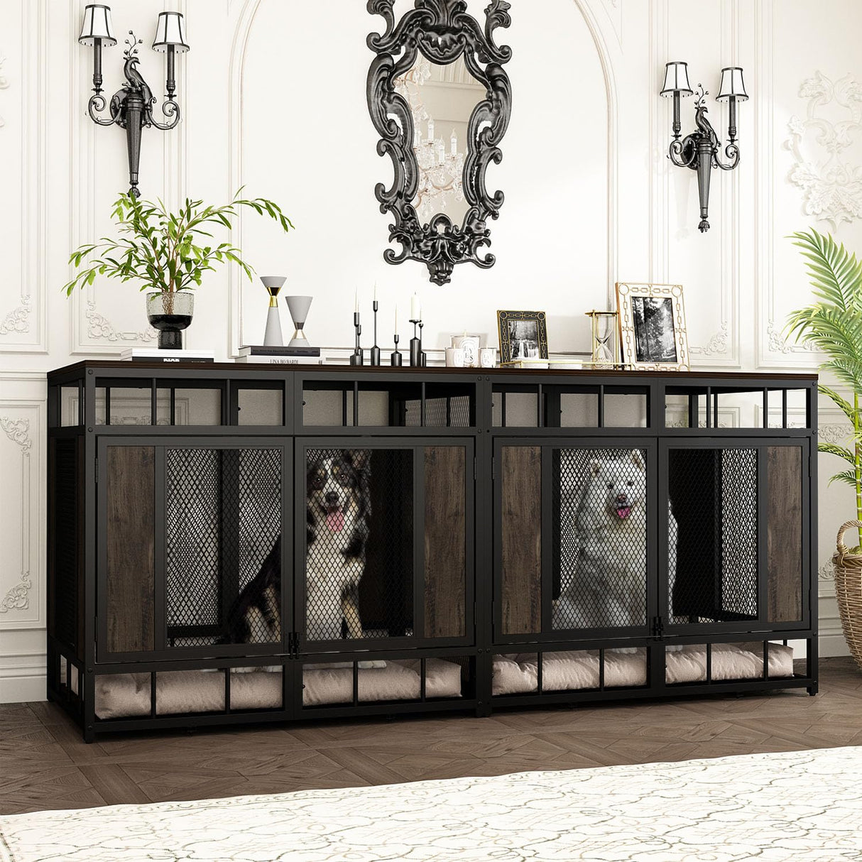 DAWNSPACES Furniture Dog Crate, 71" Heavy Duty Wood Dog Cage Kennel House Furniture with a Removable Divider, Indoor Dog Crate Table TV Stand with Double Doors for Large Medium Breed Dogs, Brown DAWNSPACES