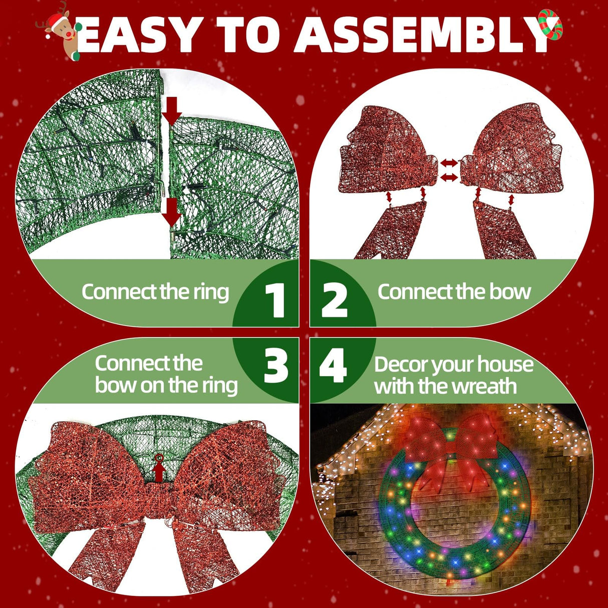 Poolergetic Outdoor 60 in Pre-lit Christmas Wreath, Large Green LED Christmas Wreath Decoration with Bow, Holiday Light Decor for Christmas for Yard, Garage, Door and Window Poolergetic