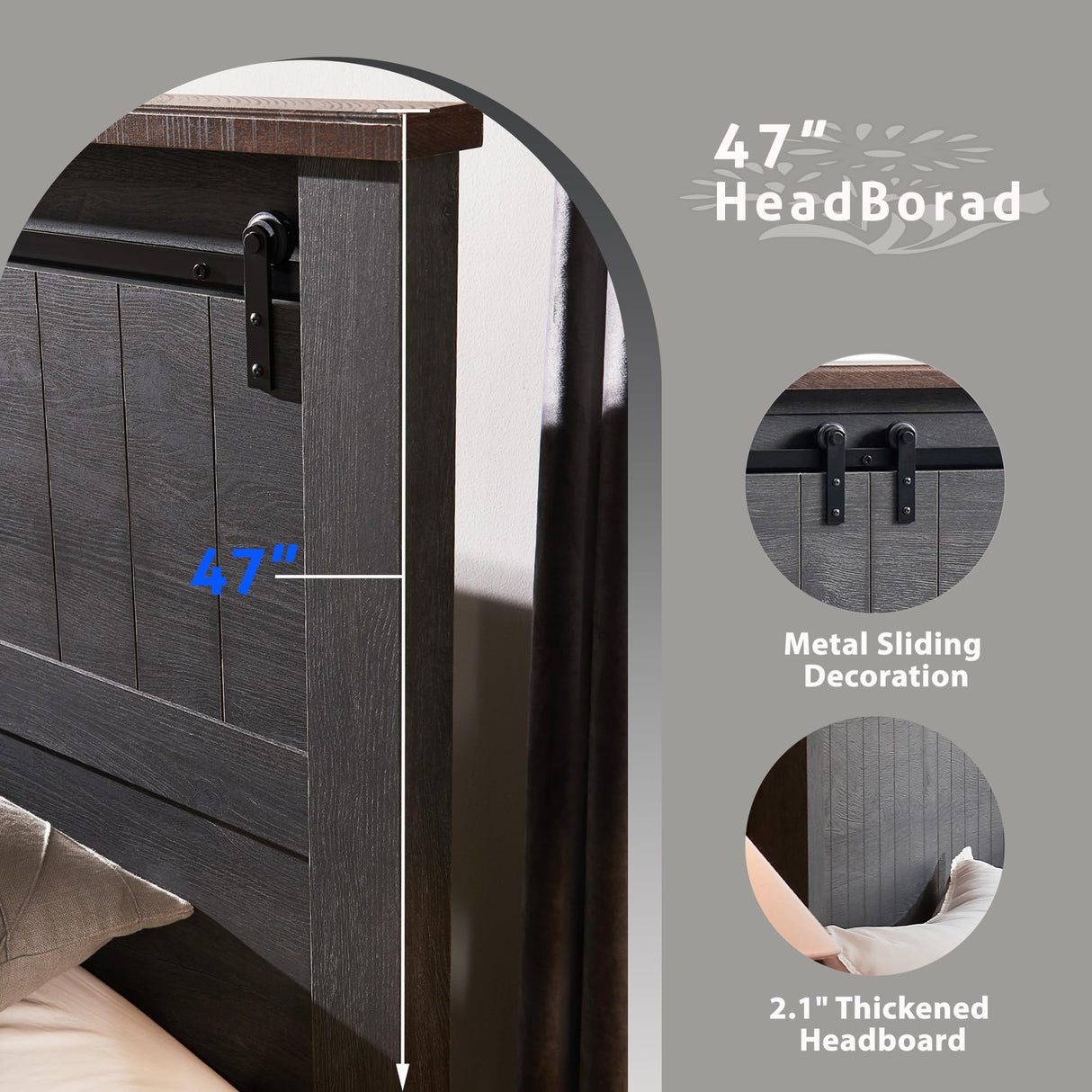 IFGET Farmhouse King Size Bed Frame with 47" Headboard, Wood Bed Frame with Groove Sliding Barn Door Footboard, Platform Bed with Wood Slats Support, No Box Spring Needed (Dark Grey) IFGET