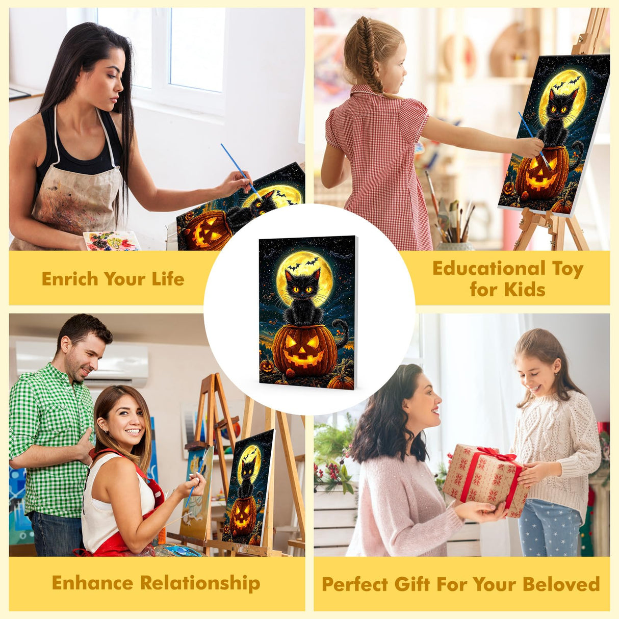 Bowetile Halloween Framed Paint by Numbers for Adults Beginners, Easy Adults' Paint-by-Number Black Cat Kits on Canvas, Acrylic Number Painting Crafts Kits Halloween Gifts for Home Decor, 8x12in Bowetile