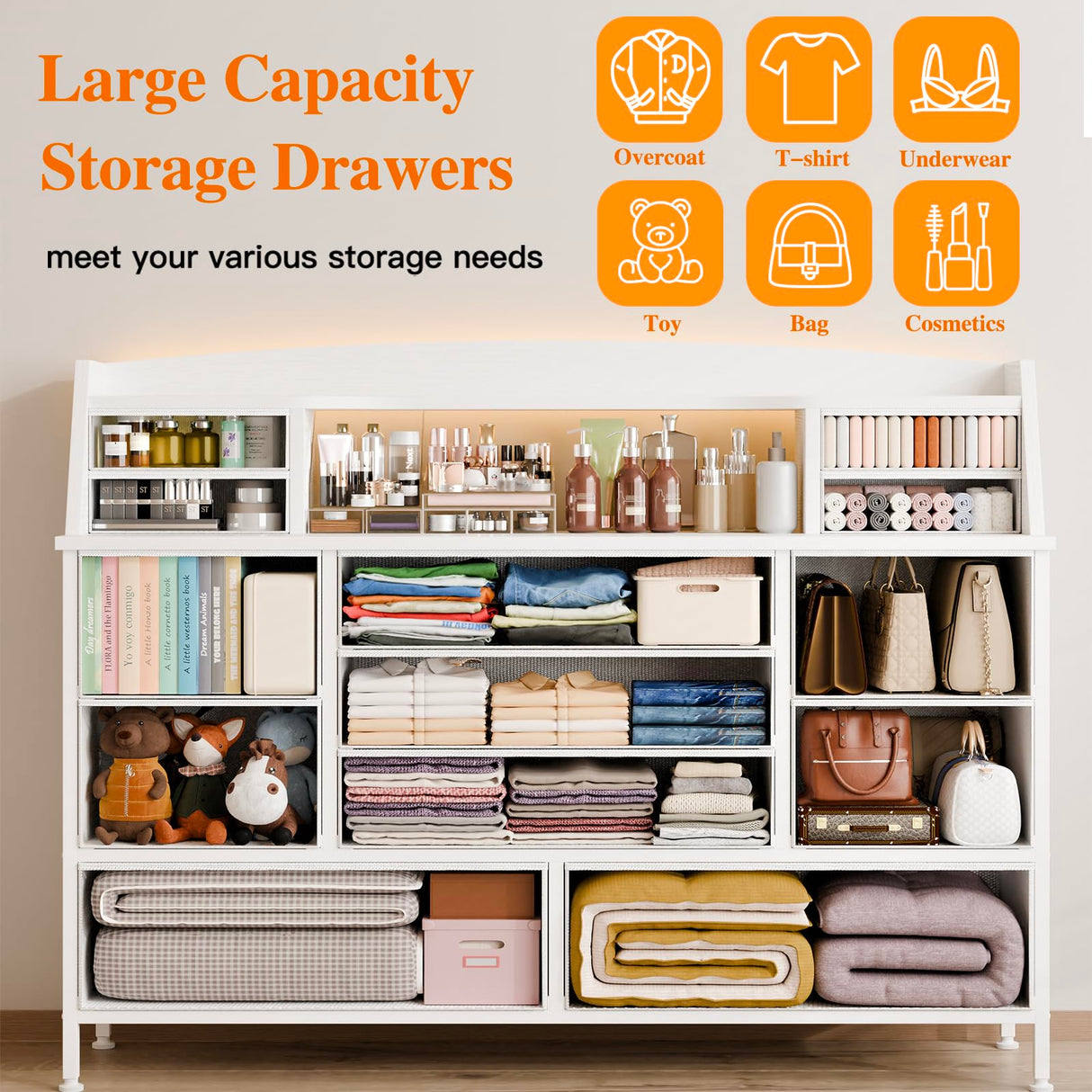 Fixwal White Dresser for Bedroom with 13 Drawers, Fabric Chest of Drawers with PU Finish for Kids, Girls, Adults, Nursery, Living Room, Closet, Entryway, Hallway (No LED Lights) Fixwal