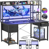 Aheaplus 55.2'' Gaming Desk with LED Lights, Power Outlets, Hutch & Drawers in Black Aheaplus