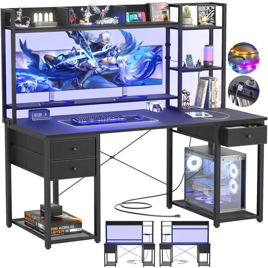 Aheaplus Desk with LED and Outlets, Gaming Desk with Hutch, 55.2'' Computer Desk with Drawers, Reversible Office Desk with Storage Bookshelf Large Workstation Desk with Shelf, Desk for Home, Black