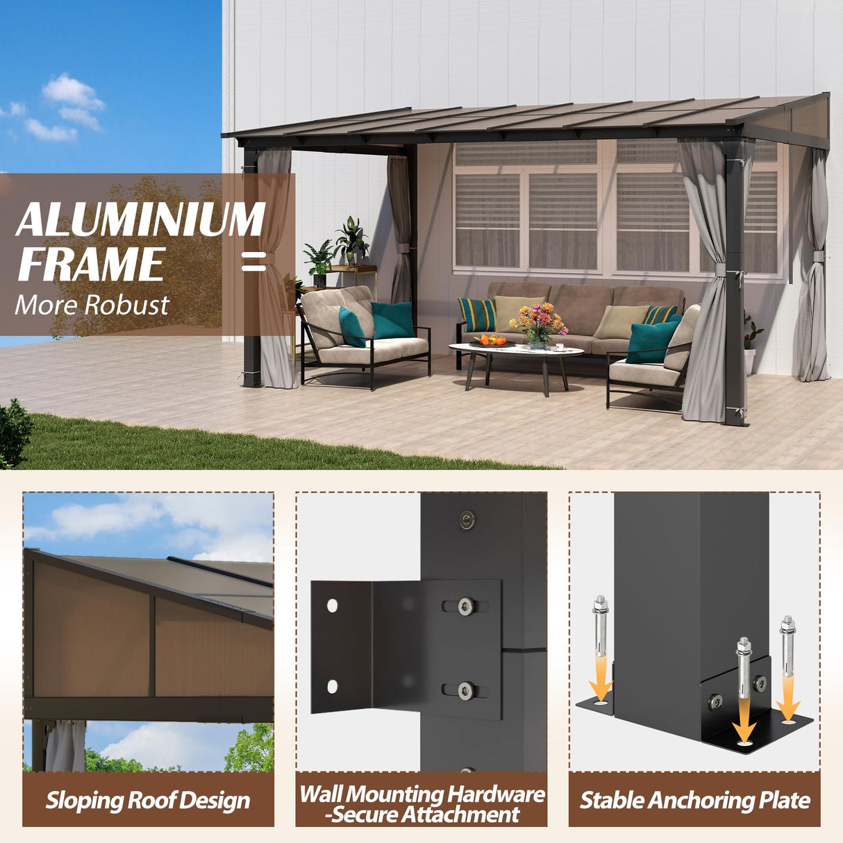 Raysfung 10 x13FT Outdoor Wall-Mounted Hardtop Gazebo, Aluminum Frame Lean to Gazebo with Polycarbonate Roof and Curtains for Patio, Garden, Deck Raysfung