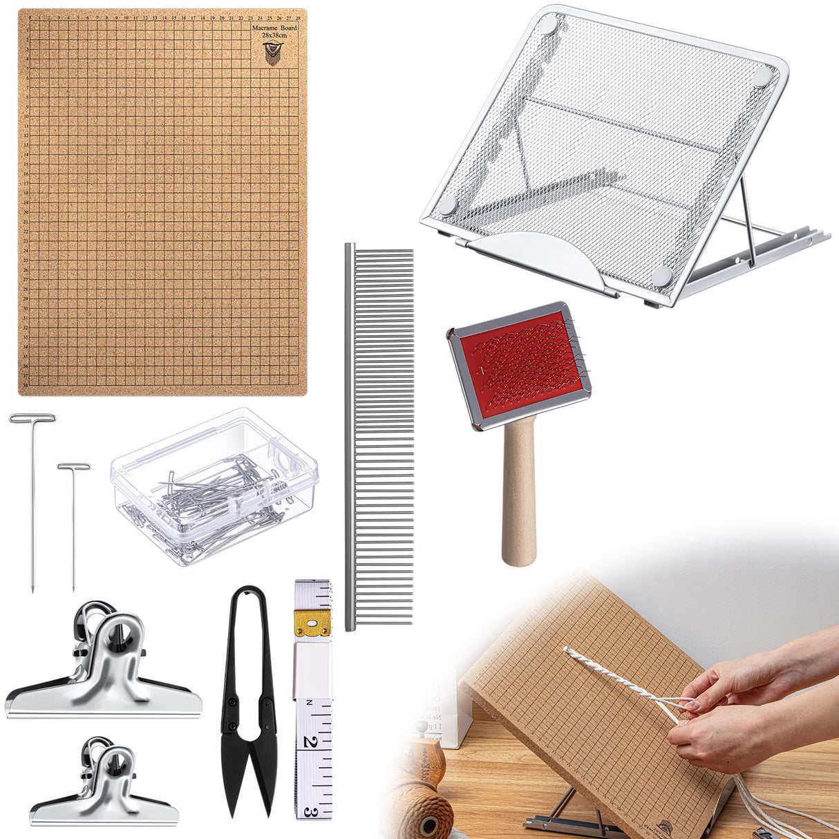 Tandefio 108 Pcs Macrame Supplies Include Macrame Board Metal Adjustable Holder with 100 T Shaped Pins Double Sided Grids Bracelet Making Board with Brush Scissor Ruler for Braiding Bracelet Creating Tandefio