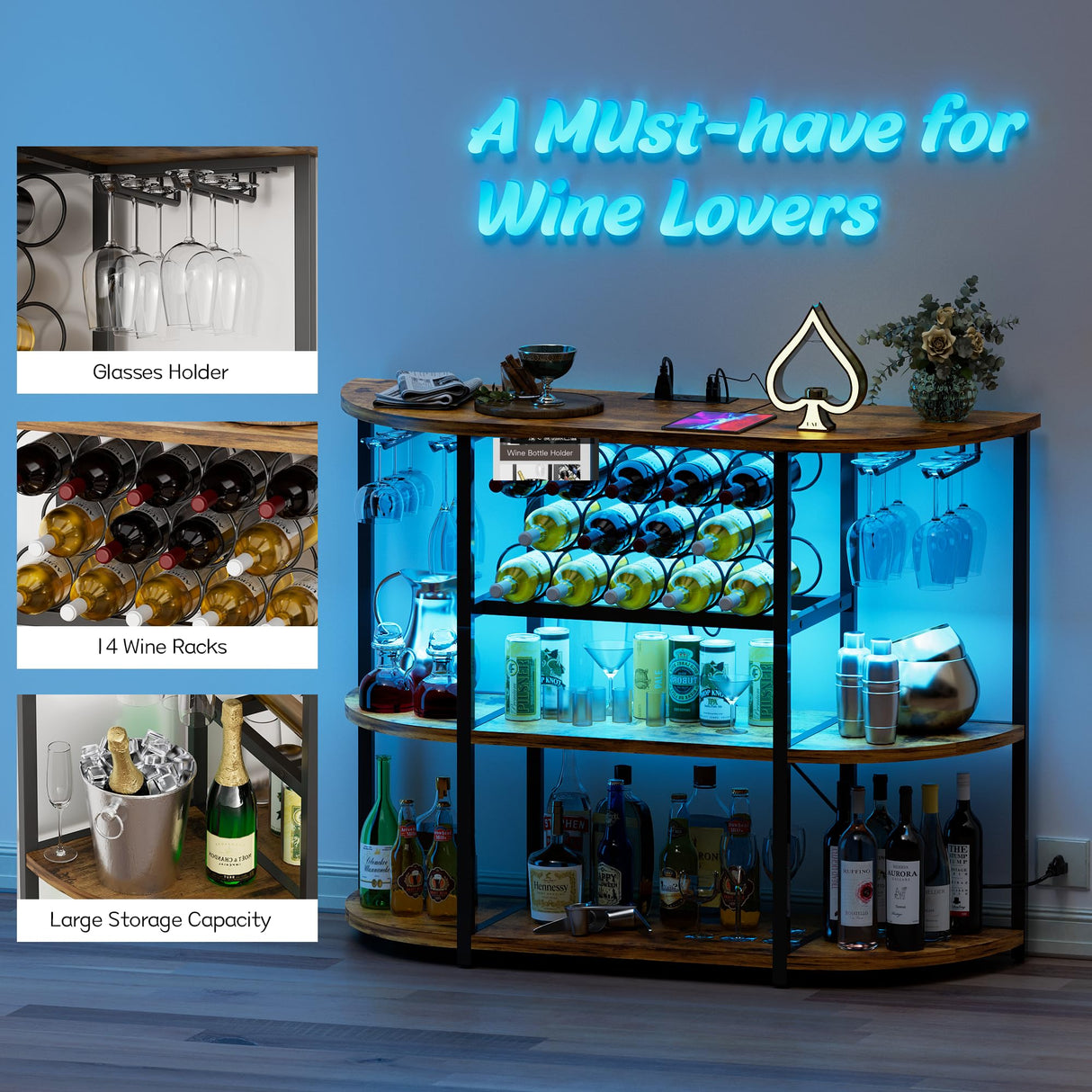 Furmax Wine Bar Cabinet for Liquor Bar Table Bar Cabinet with Lights and Outlet 4-Tier Storage Freestanding Wine Racks with Glass Holder Mini Bars for Home, Bar Furmax