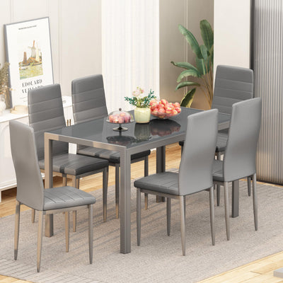Recaceik 7 Piece Dining Table Set for 6, Tempered Glass Kitchen Table and PU Leather Chairs, Modern Dining Room Table Set for Small Space, Apartment