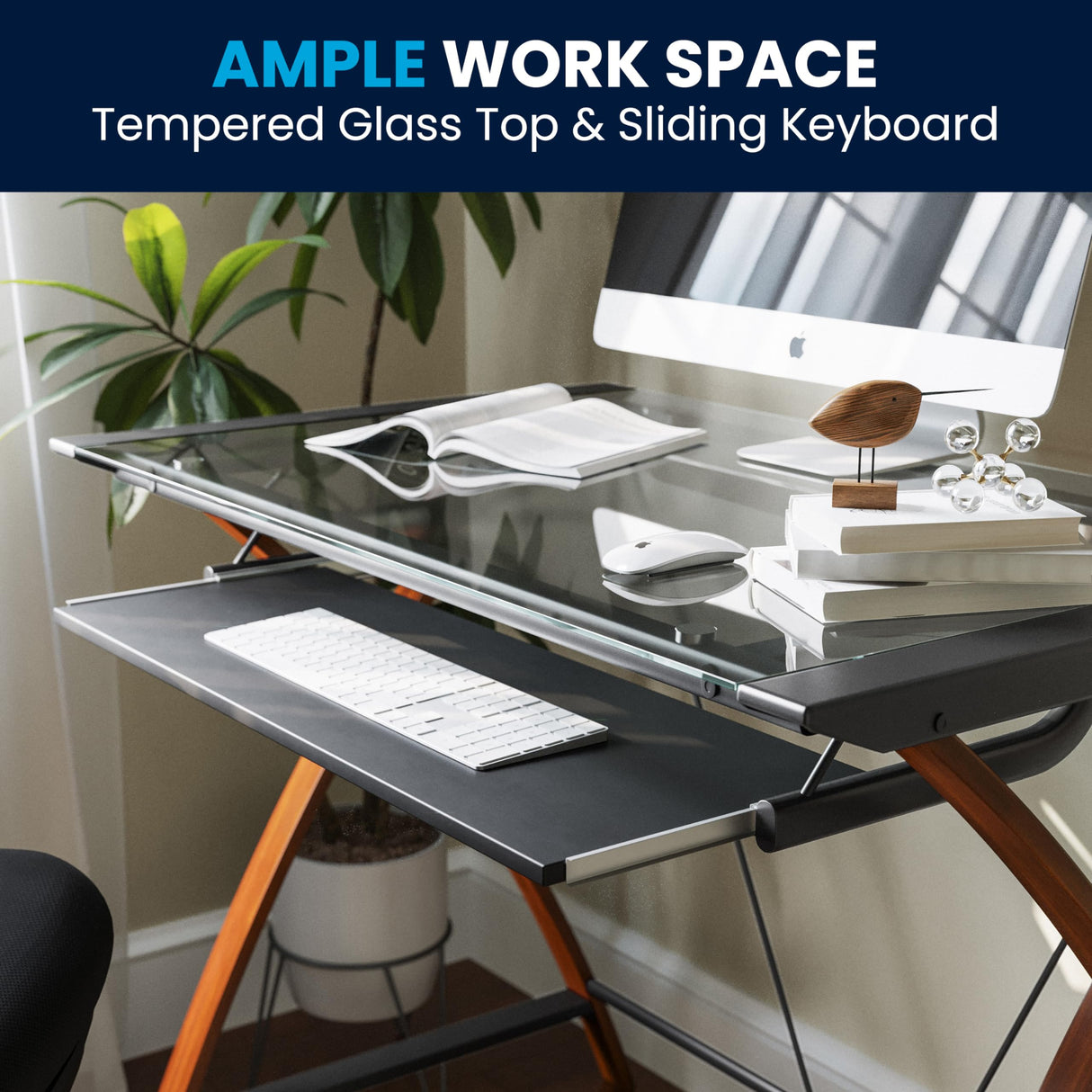 Flash Furniture Jude Tempered Glass Computer Desk with Pull-Out Keyboard Tray and Crisscross Frame, Small Computer Desk for Home Office, Cherry/Clear Flash Furniture