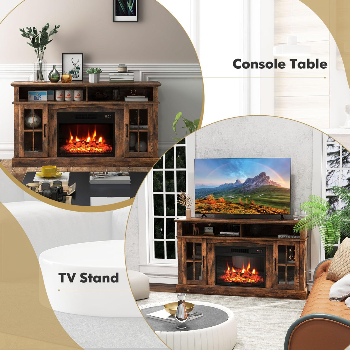 COSTWAY Electric Fireplace TV Stand for TVs Up to 65 Inches, 1400W Heater Insert with Remote Control, 6H Timer, 3-Level Flame, Overheat Protection and CSA Certification, Adjustable Shelves, Brown COSTWAY