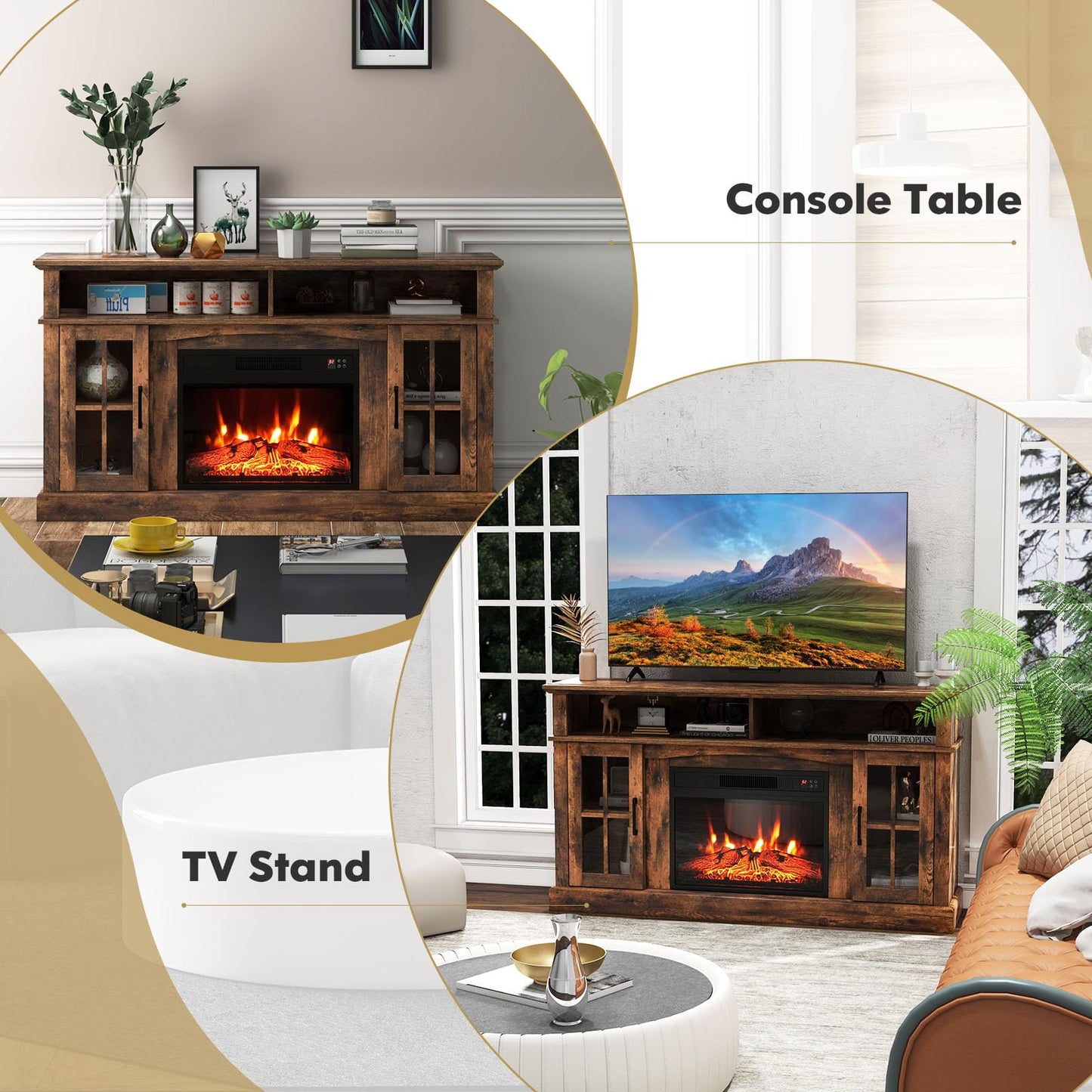 COSTWAY Electric Fireplace TV Stand for TVs Up to 65 Inches, 1400W Heater Insert with Remote Control, 6H Timer, 3-Level Flame, Overheat Protection and CSA Certification, Adjustable Shelves, Brown