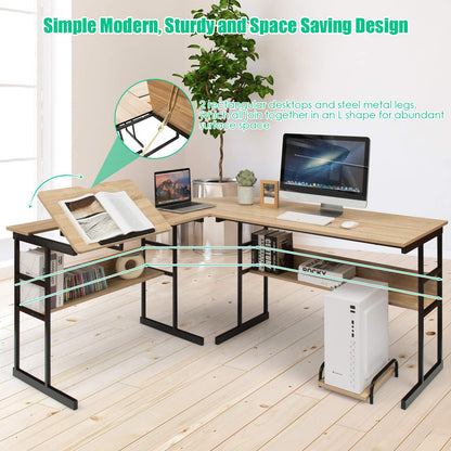 Tangkula 67 Inches L-Shaped Office Desk, Corner Computer Desk with Bottom Bookshelves & CPU Stand, Drafting Drawing Table with Tiltable Desktop, Corner Computer Workstation Home Office Desk - WoodArtSupply