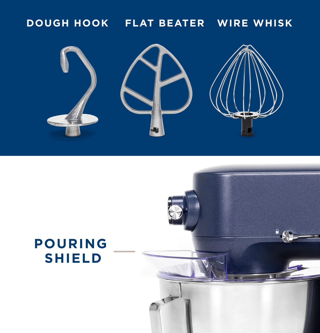 GE Tilt-Head Electric Stand Mixer | 7-Speed, 350-Watt Motor | Includes 5.3-Quart Bowl, Flat Beater, Dough Hook, Wire Whisk & Pouring Shield | Countertop Kitchen Essentials | Sapphire Blue GE