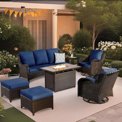 XTWEEX 7 Pieces Outdoor Patio Furniture Conversation Set Rattan Wicker with Fire Pit Table, 3 Seat Sofa, 2 Swivel Rocker Chairs, 2 Ottomans and 1 Side Table for Yard Backyard BNB (Brown/Navy Blue)
