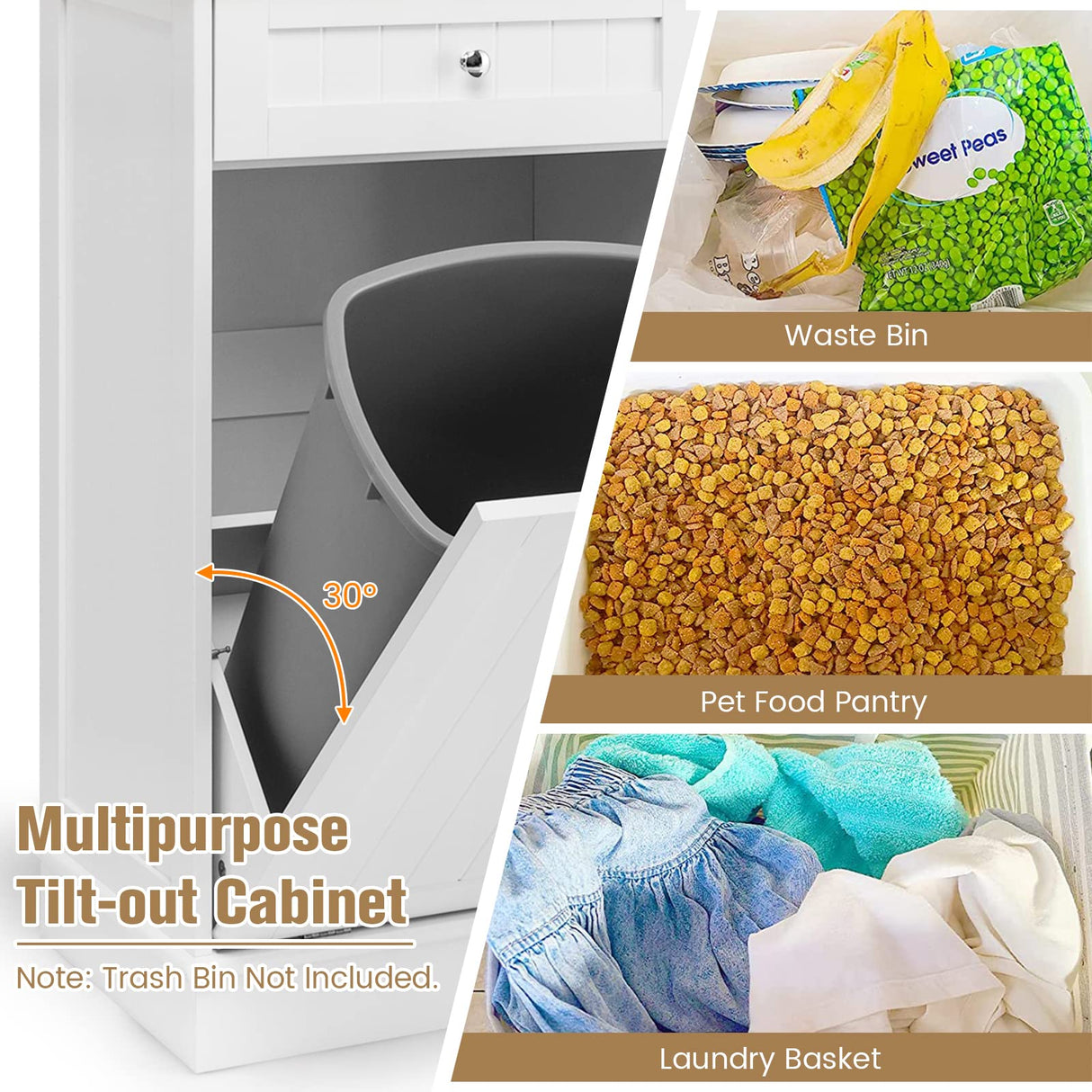 LOKO Tilt Out Trash Cabinet, Kitchen Trash Cabinet with 2 Drawers & Adjustable Shelf, Pet Proof Trash Can Cabinet with Rubber Wood Tabletop, 39.5 x 14 x 35.5 inches (White) LOKO