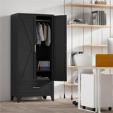 Washsemba 71'' Black Farmhouse Metal Wardrobe Cabinet with Hanging Rod, 2 Barn Door Wardrobe Closet with Adjustable Shelves,Drawer,for Dining Room,Bedroom,Living Room, Cloak Room,Office Washsemba