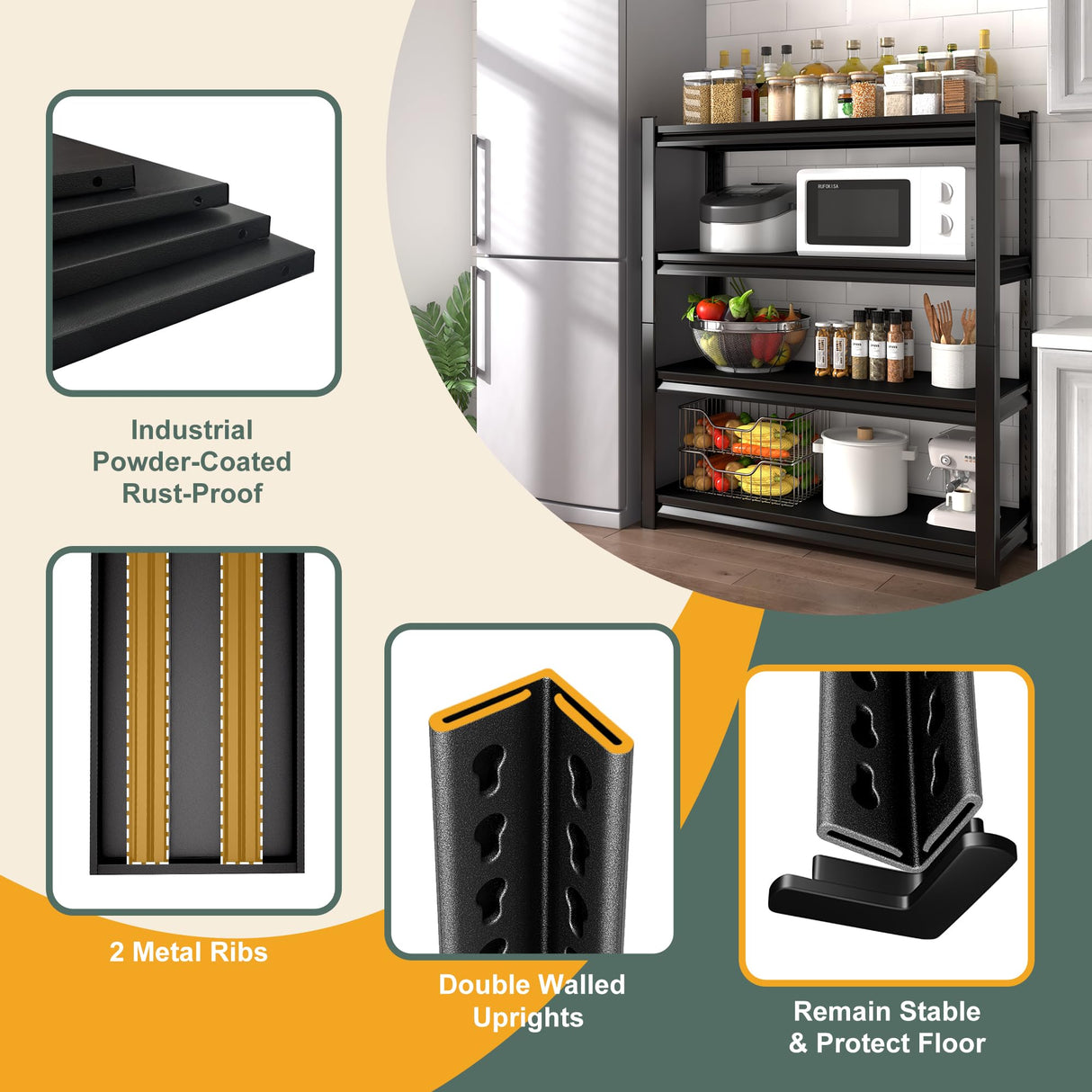 Rufokisa 48" W Garage Shelving Heavy Duty, 2200LBS Loads Adjustable Garage Storage Shelves,4-Tier Metal Storage Racks and Shelving Units, Utility Rack Shelves,48" W x 16" D x 63" H,Black Rufokisa