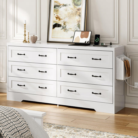 DWVO Farmhouse 6 Drawer Dresser for Bedroom, 60 Inch Large Modern Dresser TV Stand with Drawers & Bar Handles, Storage Dressers with Power Outlets, Rustic Wood Chest of Drawers, White DWVO