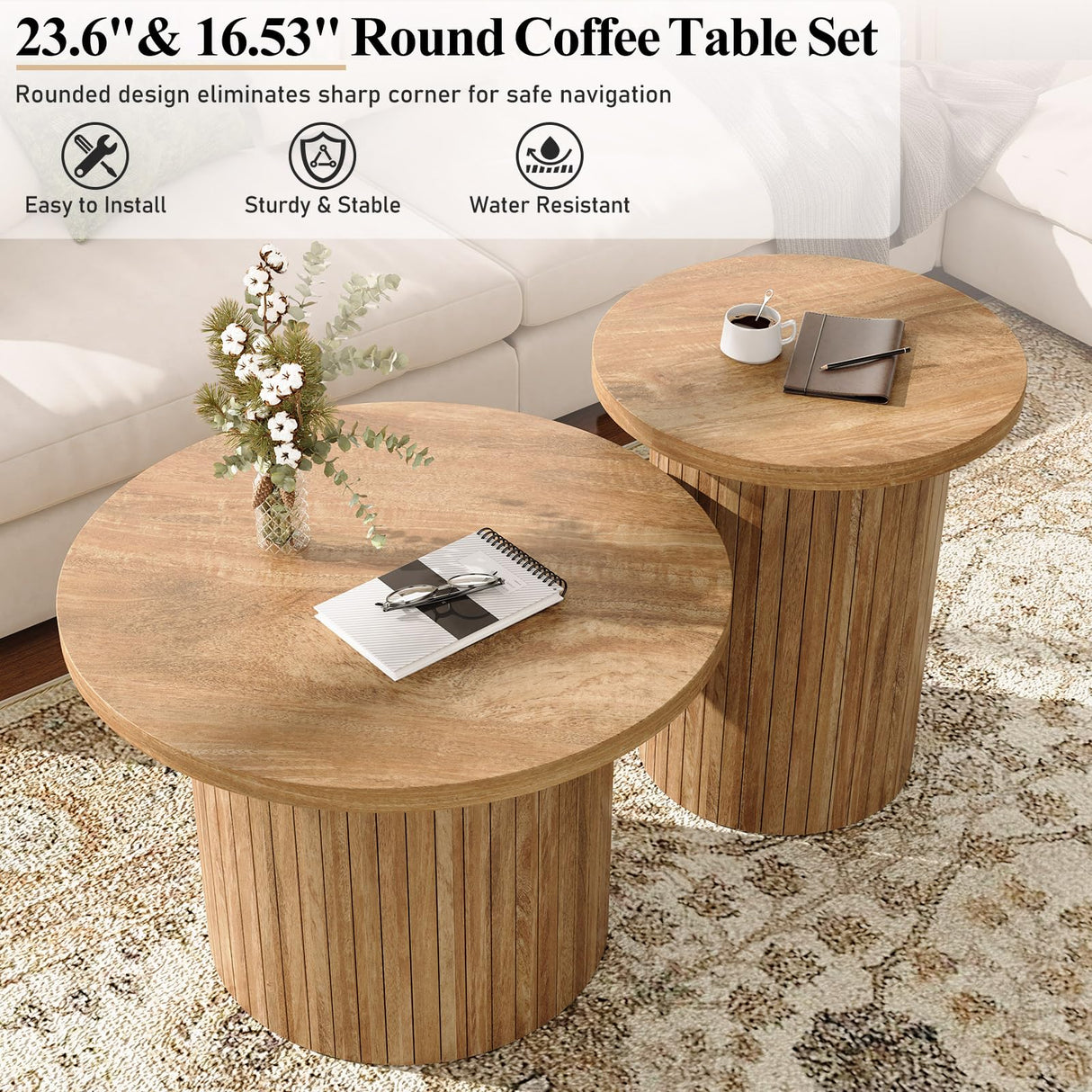 LUXOAK Nesting Coffee Table Set of 2, Mid Century Modern Round Coffee Table, Wood Slat Side Table Set for Living Room, Office, Balcony, Natural Finish LUXOAK