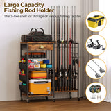 Homeiju Fishing Rod Holder, Fishing Pole Holders for Garage Boat Fishing Gear Storage with Drawer and Wheels, Holds 16 fishing rods for Home Entryway Corner,Rustic Brown Homeiju