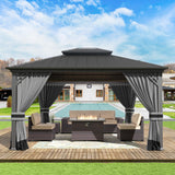 Gotland 12' x 14' Grey Hardtop Gazebo with Curtains and Netting, Double Roof Iron Metal Pergola for Patio, Garden, Lawn Gotland