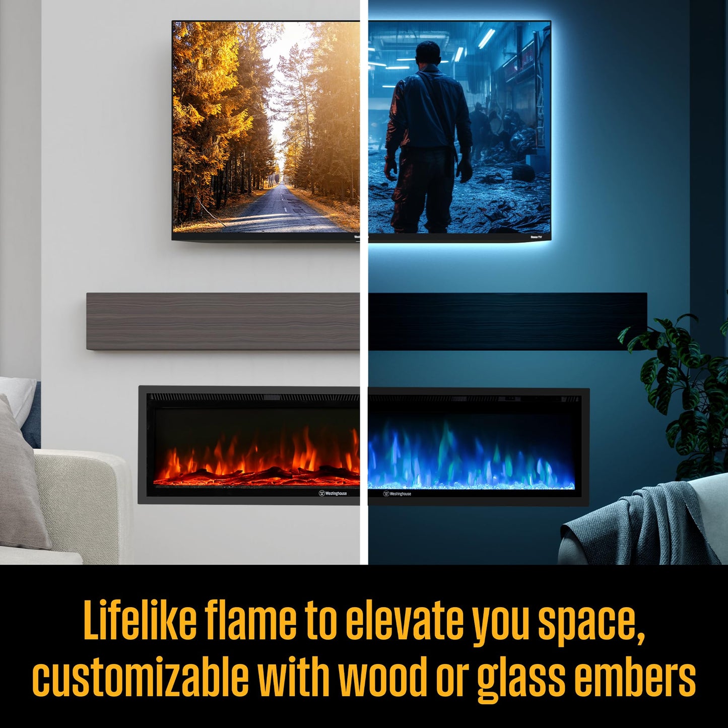 Westinghouse 60 Inch Electric Fireplace Heater, Compatible with Alexa & Google Home, Wall Mount or in-Wall Recessed Fireplace Insert, 24 Hour Timer, Color Changing Flames, 750W/1500W Indoor Heater