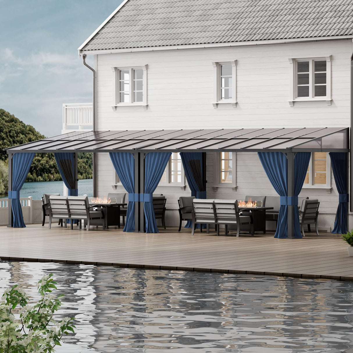 ASJMR Outdoor Lean to Gazebo 10x28FT, Hardtop Wall Mounted Gazebo with Sloping Sun Panel Roof, Awnings for Patio with Metal Frame, Double Curtains for Garden, Lawn, Backyard Deck ASJMR