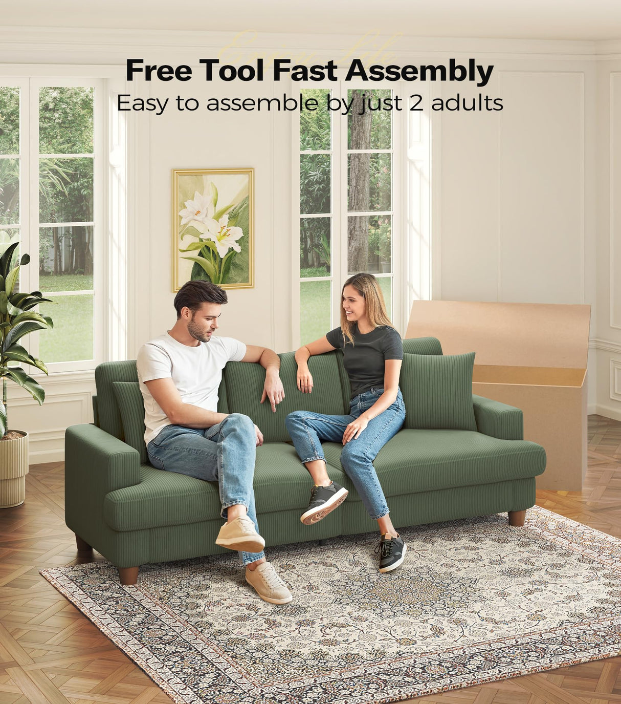 Kidirect 87in Green Sofa, Couches for Living Room 21in Extra Deep Seats, Comfy Corduroy Sofas for Living Room No Tool Assembly, Modern Oversized Love Seat with 2 Pillows, Sofa Couch for Bedroom Kidirect