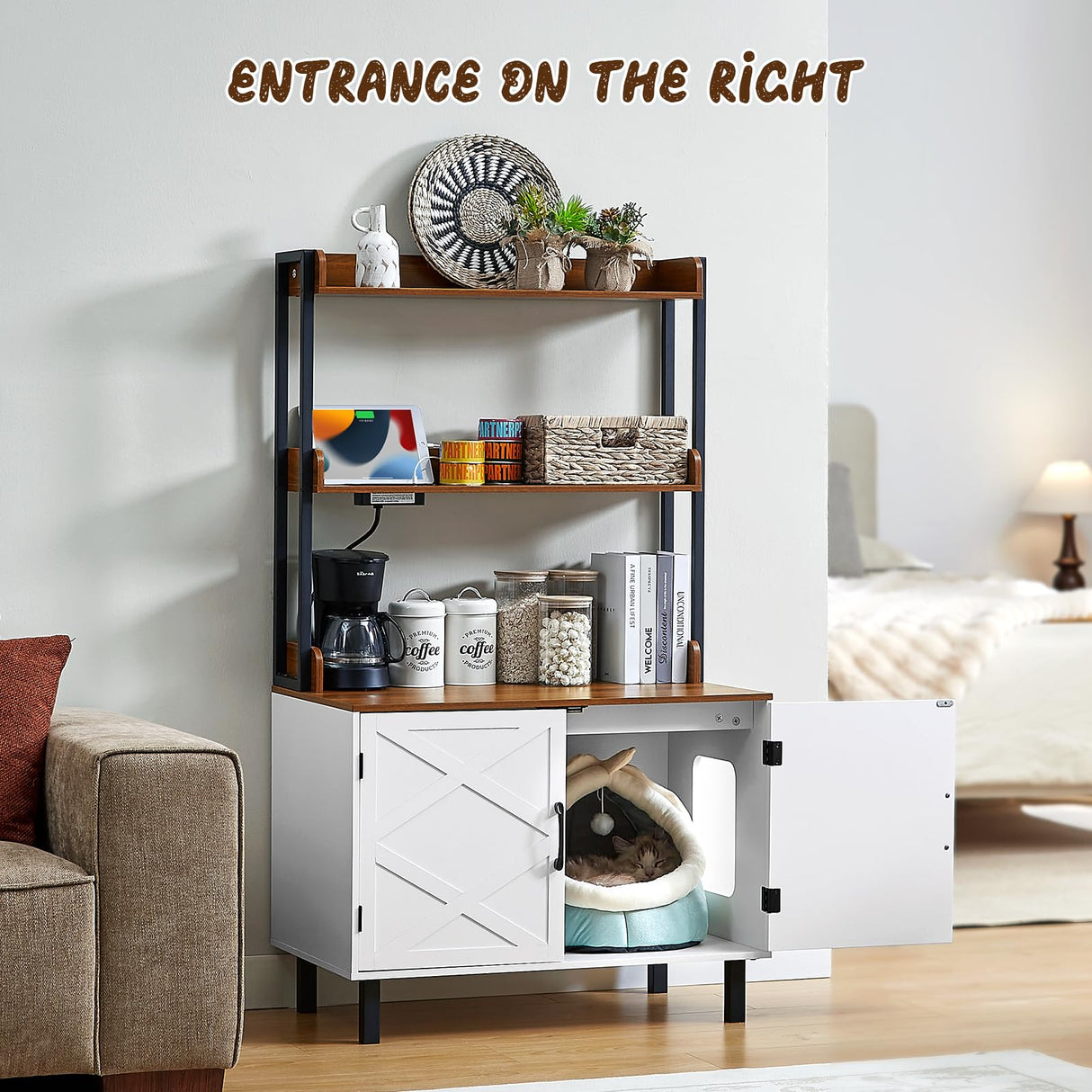 ONBRILL 55 Inches Cat Litter Box Enclosure, Hidden Litter Box Furniture with 2 Storage Shelves and Charging Sockets, Wooden Cat House, Large Indoor Cabinet for Livingroom & Entryway, White ONBRILL