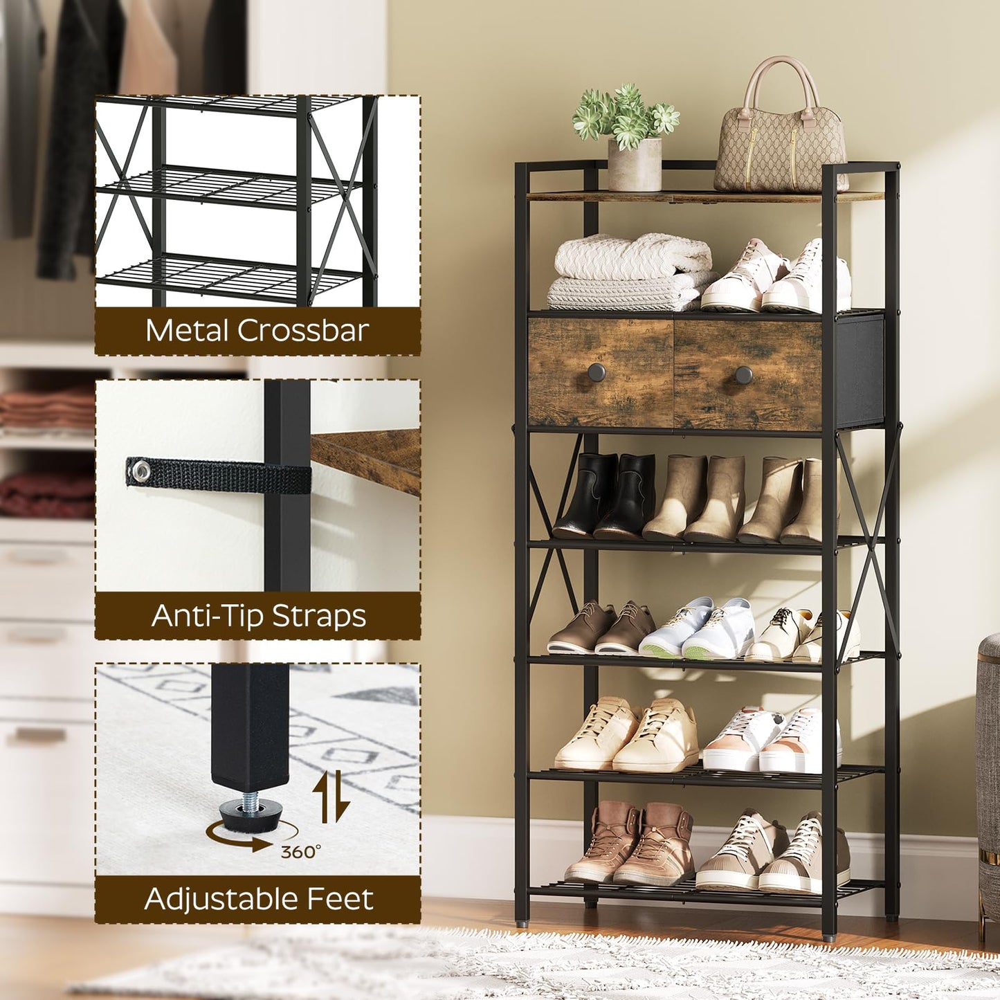 YATINEY Shoe Rack, 7-Tier Shoe Storage Organizer for Entryway, Free Standing Shoe Shelf with 2 Non-Woven Drawers, Metal Frame, for Closet, Hallway, Garage, Rustic Brown and Black SS07BR