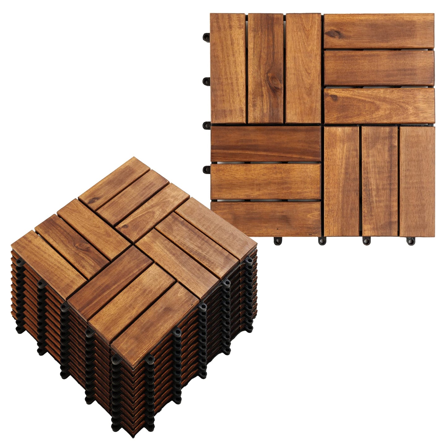 Acacia Wood Interlocking Deck Tiles for Outdoor/Indoor - (Pack of 10) 12"x12" All Weather Balcony Flooring - Snap Click Together Patio Tiles - Portable Waterproof Dance Floor Covering, Outside Walkway