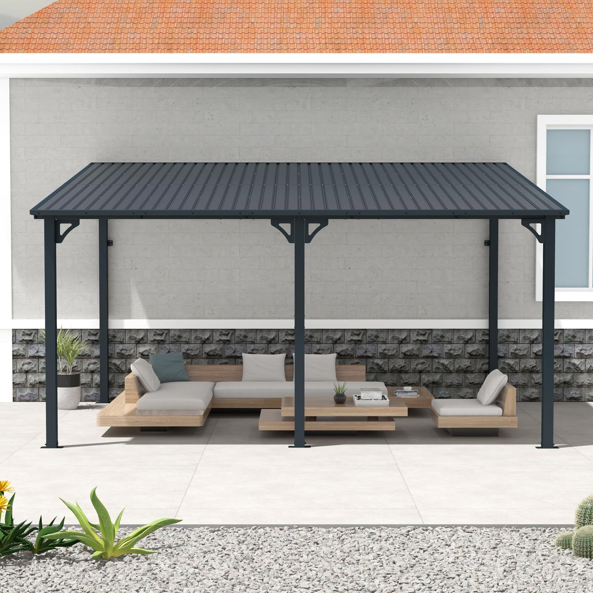 COBANA 10' x 14' Large Gazebo, Hardtop Wall Mounted Lean to Gazebo Pergola with Metal Roof for Patio, Deck, Backyard COBANA