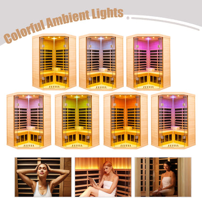 2 Person Far Infrared Sauna Low EMF 7 Heating Panel 1520W Indoor Sauna Canadian Hemlock Wood Sauna for Home with Control Panel Bluetooth Speakers Chromotherapy Lights Reading Lamp Tempered Glass Door