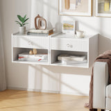 BEWISHOME White Floating Nightstand,Modern Fluted Floating Bedside Table, 15.7" Wall Mounted Nightstand with Drawer & Open Shelf,Small End Table Bedside Shelf for Bedroom, White KTZ06W BEWISHOME