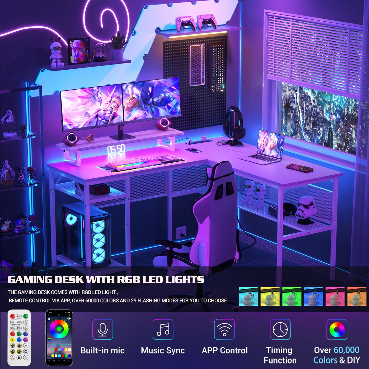 Unikito 55 Inch Reversible L-Shaped Desk with Power Outlets & Smart RGB LED Light - Elegant Corner Computer & Gaming Table in White Unikito
