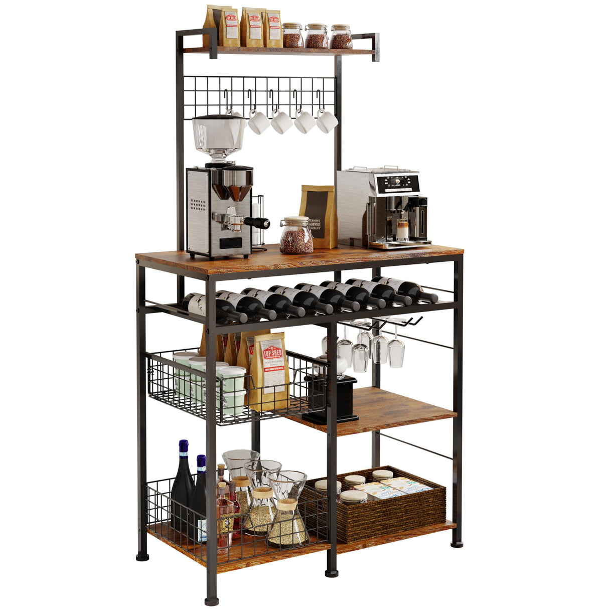 Honkazita Farmhouse Coffee Bar Cabinet - 31" Sideboard Buffet Cabinet with 8 Hooks and Removable Sliding Storage Basket - Ideal for Kitchen& Dining&Living Room - Rustic Brown Honkazita