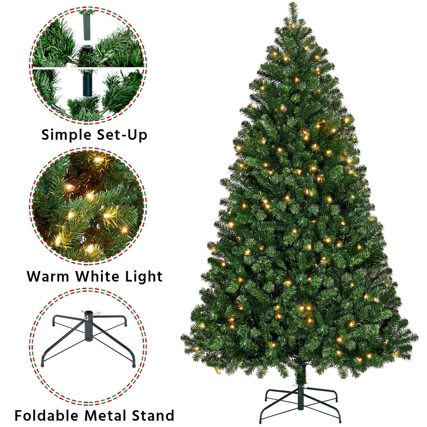 Yaheetech 6Ft Pre-lit Spruce Artificial Hinged Christmas Pine Tree Prelighted Holiday Xmas Tree for Home Party Decoration with 300 Warm White Lights and 818 Branch Tips, Green