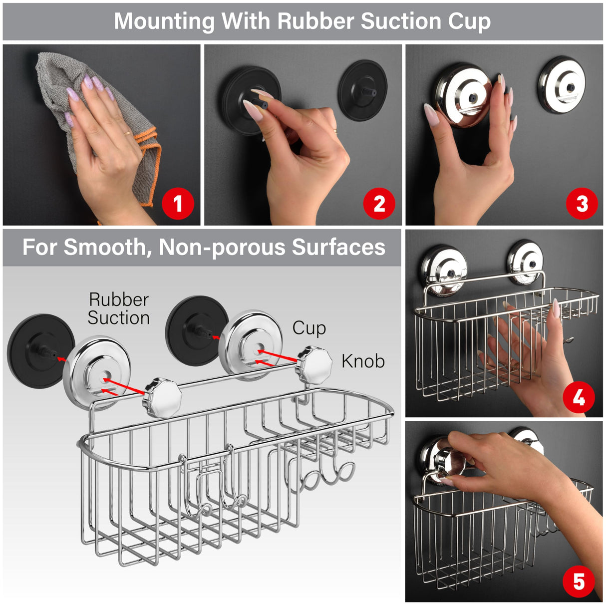 HASKO Suction Cup Shower Caddy Basket for Shampoo, Shower Suction Shelf Organizer, Basket with Soap Holder and Hooks, Stainless Steel Shampoo Holder for Bathroom Storage (Chrome) HASKO accessories