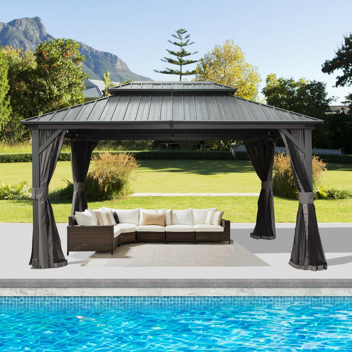 Domi 10x14FT Hardtop Gazebos, Aluminum Metal Gazebo with Galvanized Steel Double Roof Canopy, Curtain and Netting, Permanent Gazebo Pavilion for Patio, Backyard, Deck and Lawn, Grey domi outdoor living