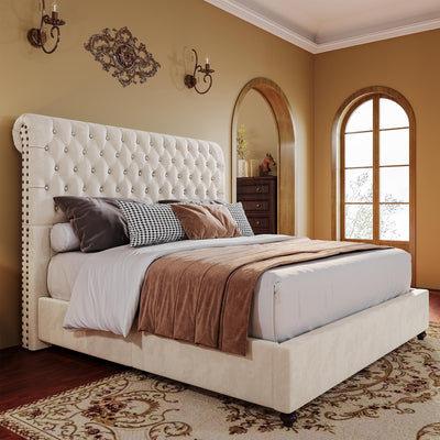PaPaJet King Bed Frame Upholstered Platform Bed Frame with 52.8'' Tall Sleigh Headboard, Button Tufted, No Box Spring Needed, Easy Assembly, Cream