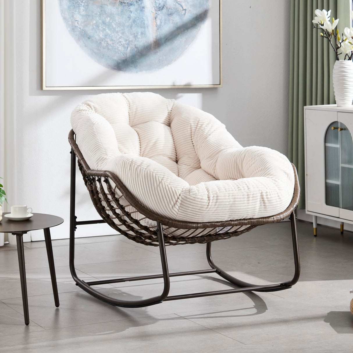 Large Indoor Rocking Chair, Oversized Rocking Papasan Chair with Thick Cushion and Frame,Comfy Corduroy Rocker Wicker Egg Chairs Lounge Reading Chair for Living Room, Bedroom, Apartment, White SLEERWAY