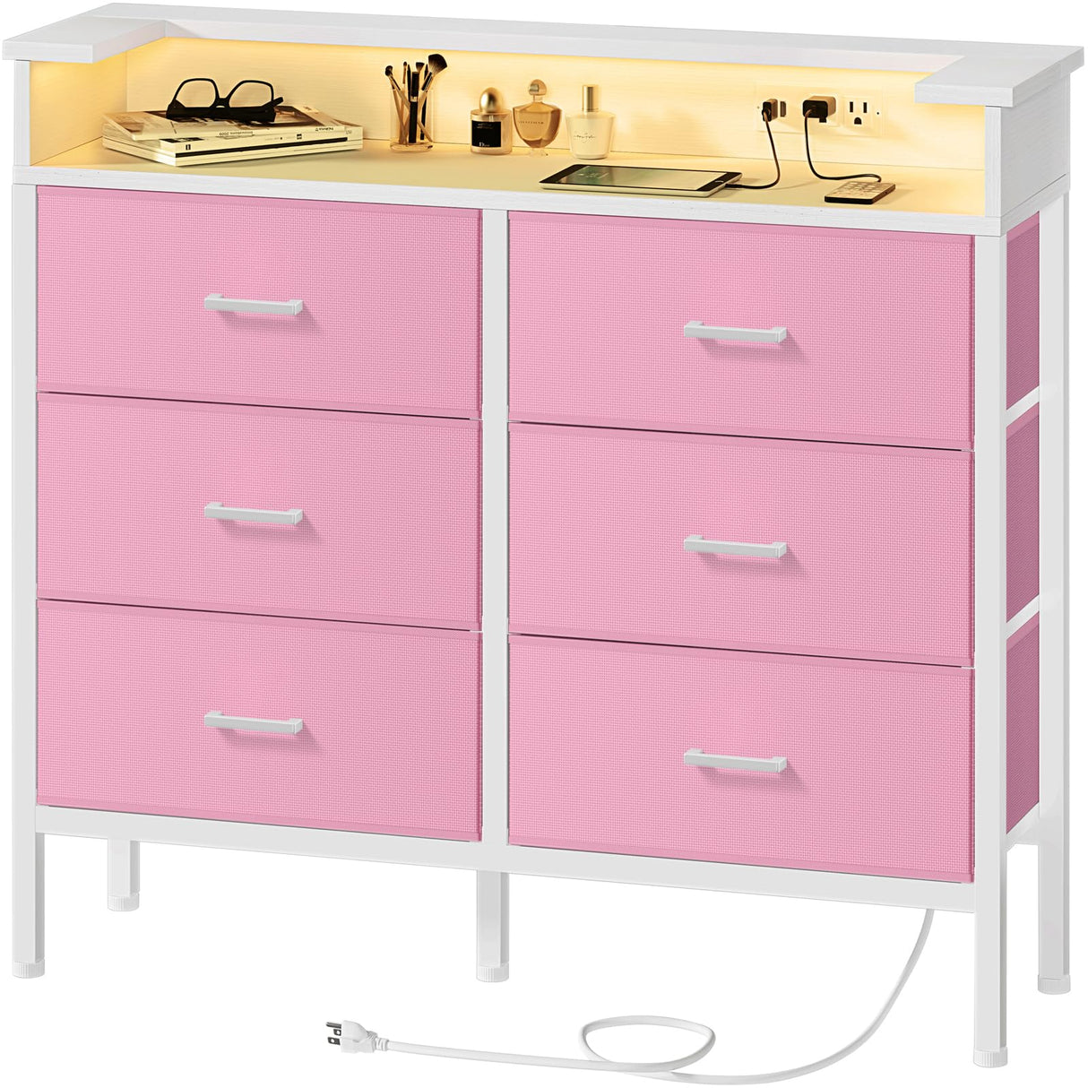 BOLUO Girls Dresser with LED Light and Charging Station for Bedroom 6 Fabric Drawer Dresser with USB Outlet Modern Pink BOLUO
