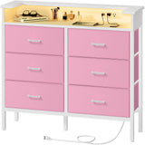 BOLUO Girls Dresser with LED Light and Charging Station for Bedroom 6 Fabric Drawer Dresser with USB Outlet Modern Pink BOLUO