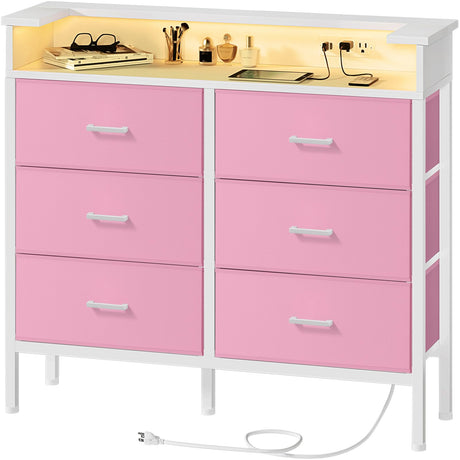 BOLUO Girls Dresser with LED Light and Charging Station for Bedroom 6 Fabric Drawer Dresser with USB Outlet Modern Pink BOLUO