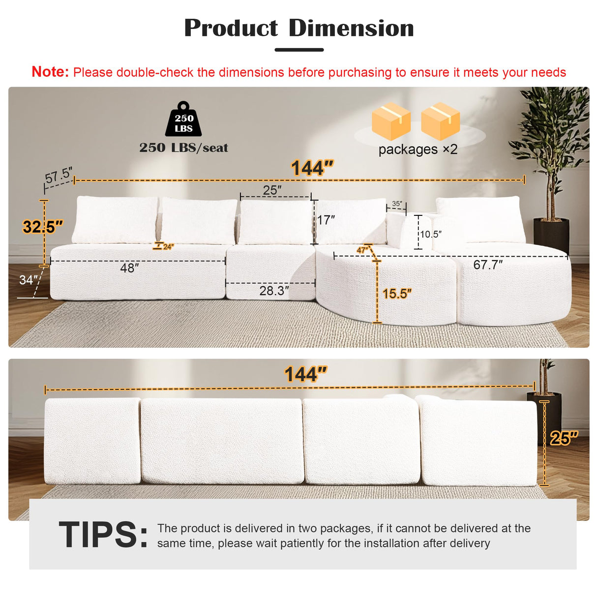 EYATZO 144" Sectional Couches for Living Room, Comfy U-Shaped Cloud Couch with Chaise Lounge, Modern Deep Seat Boneless Sofa, No Assembly Required (Boucle, White) EYATZO