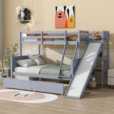 Bellemave Bunk beds Twin Over Full Size Slide and Stair, bunk Bed with Storage, Twin Over Full bunk beds for Kids, Floor bunk Bed, Low bunk Bed for Kids，Grey Bellemave