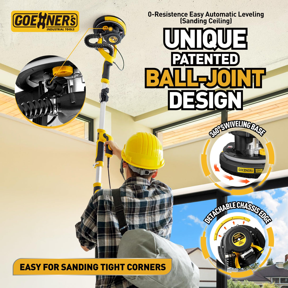 Drywall Sander, Electric Drywall Sander with Vacuum, 7 Variable Speed, 900-1800RPM, Labor-Saving Handle and Patented Fixture for Ceiling Sanding, LED Light, 14ft Dust Hose,26ft Power Cable,Storage Bag Kitvance