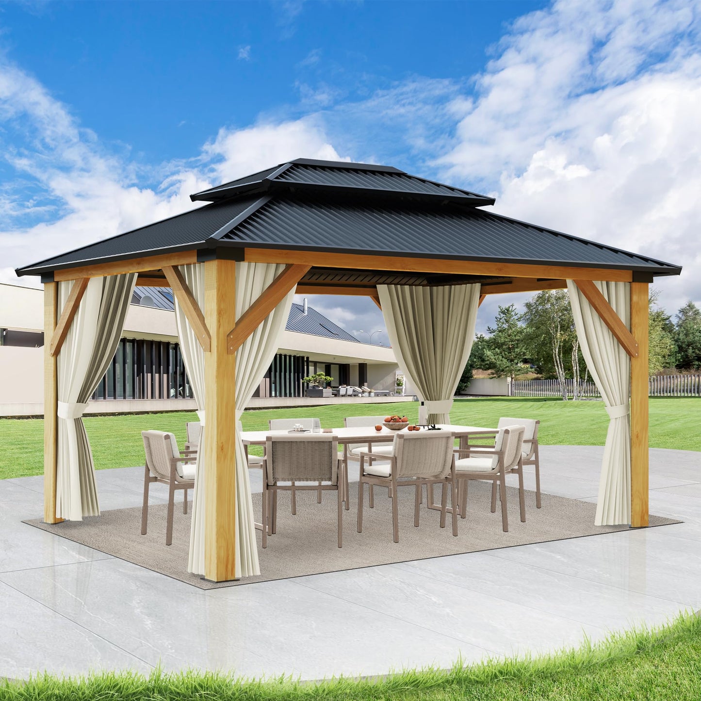 Rsyafung 13'x15' Wood Gazebo,Outdoor Hardtop Gazebo with Galvanized Steel Double Roof, Wooden Frame Gazebo with Netting and Curtains for Patio Backyard Deck Garden