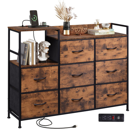 WLIVE Dresser TV Stand for Bedroom with Charging Station, Wide Storage Chest of Drawers with 8 Large Fabric Drawers and Open Shelves, Storage Organizer Unit for Closet, Living Room, Rustic Brown WLIVE