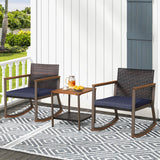 Tangkula 3 Pieces Rocking Bistro Set, Outdoor Rocker Chair with Coffee Table & Cushions, Patio Rattan Furniture Conversation Set for Balcony Porch Poolside (Navy) Tangkula